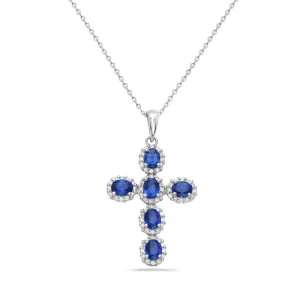 14K White Gold Sapphire Cross Pendant