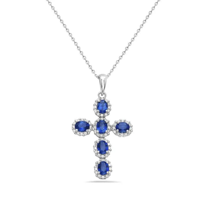 14K White Gold Sapphire Cross Pendant