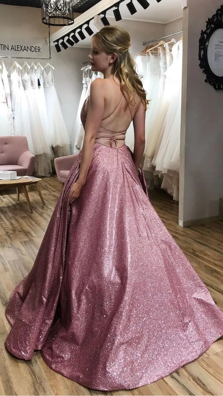 A-line Scoop Spaghetti Straps Sparkle Long Pink Prom Dress with Pockets OK1243