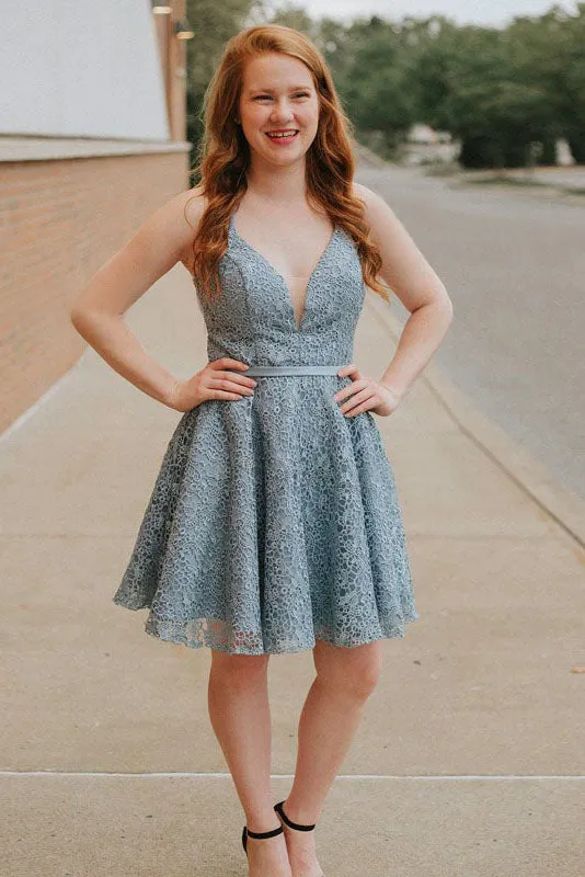 A-Line Spaghetti Straps Backless Blue Lace Homecoming Dresses OKM13