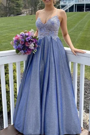 A-line Spaghetti Straps Blue Lace Top Prom Dress OKZ5