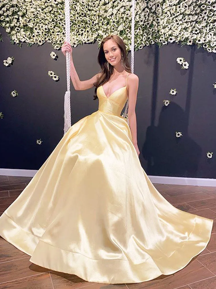 A-line Spaghetti Straps Cross Back Daffodil Satin Long Prom Dress with Train Party Dress with Pockets OKT60