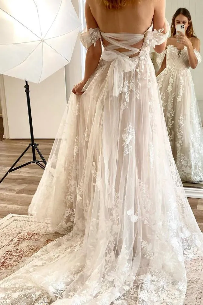A-line Tulle Appliques Lace Off the Shoulder Criss Cross Back Boho Wedding Dress OK1645