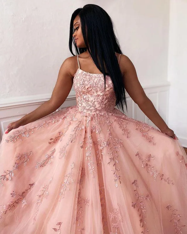 A Line Tulle Long Prom Dress with Appliques and Beading Popular Formal Dress OK1021
