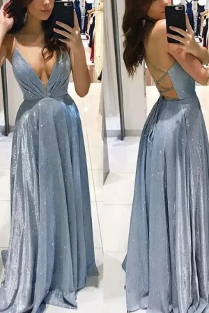 A Line V-neck Sleeveless Spaghetti Straps Long Sexy Prom Dresses OK1820