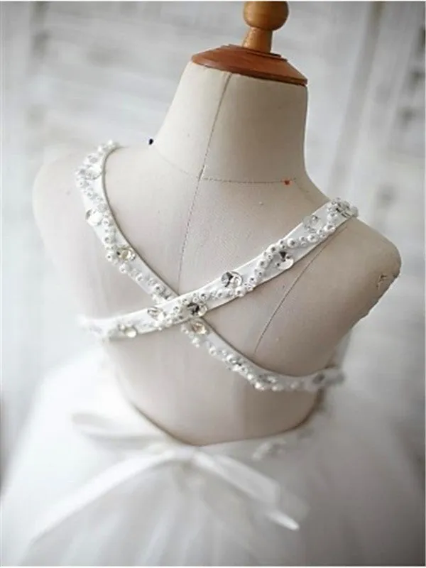 A-line/Princess Spaghetti Straps Sleeveless Beading Organza Flower Girl Dress With Lace OK721