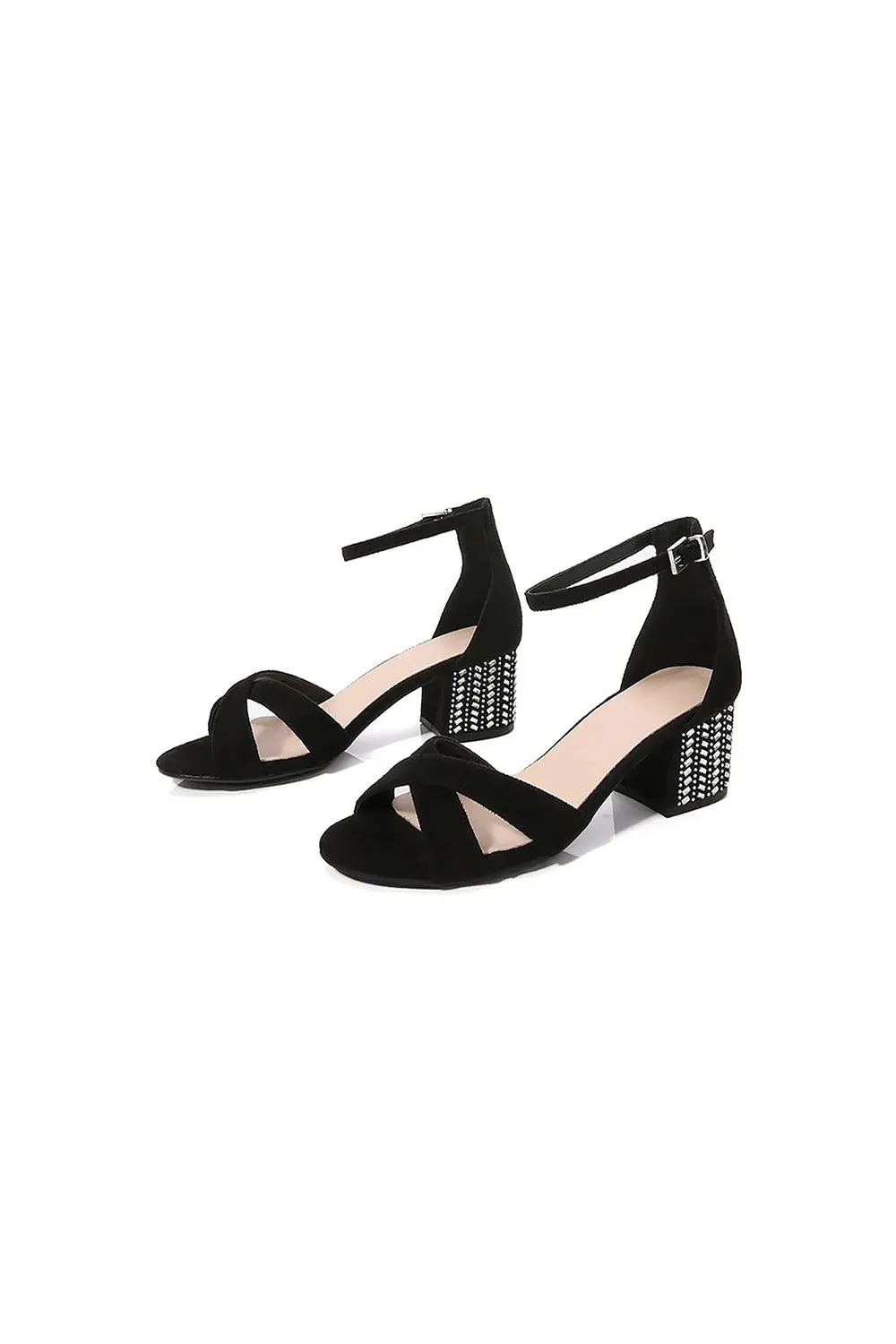 Black Cross Ankle Strappy Chunky Heel Sandal