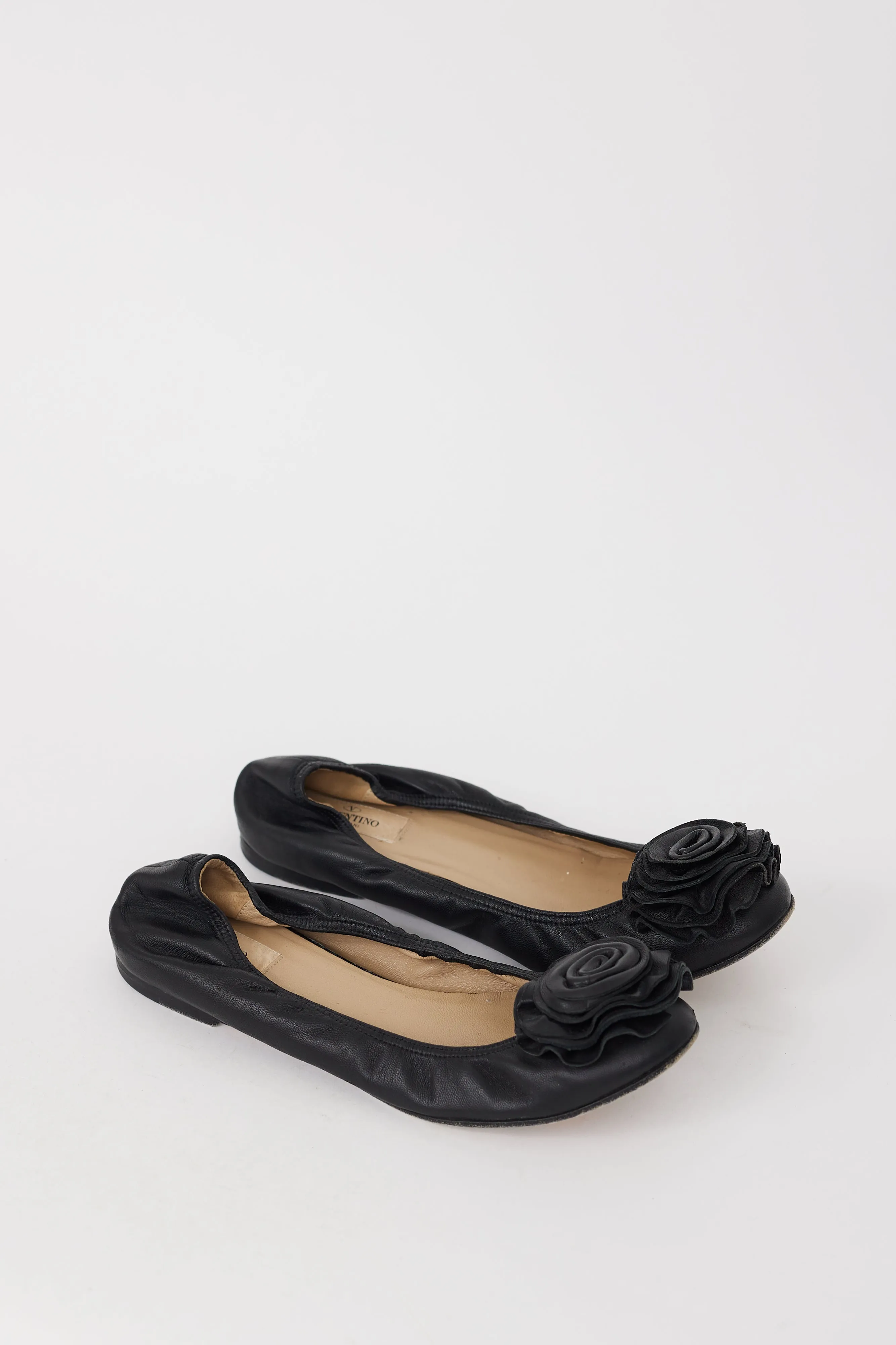 Black Leather Flower Toe Ballet Flat