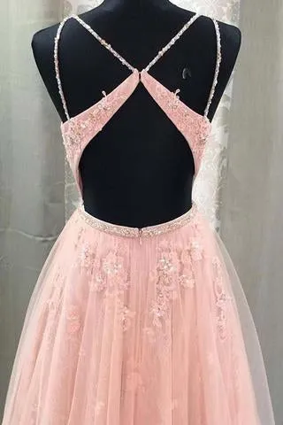 Blush V Neck Prom Dresses with Straps, Long Prom Gown with Appliques OKJ49
