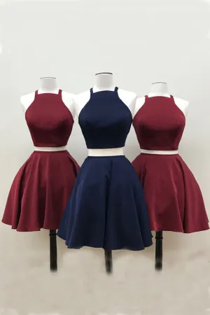 Burgundy Short Two Piece Prom Dresses,Short Navy Blue Homecoming Dress OK488