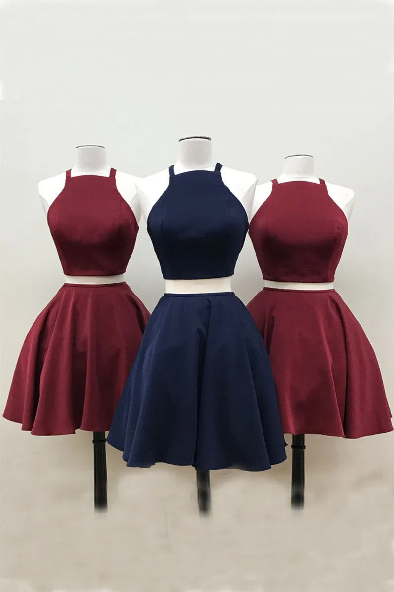 Burgundy Short Two Piece Prom Dresses,Short Navy Blue Homecoming Dress OK488