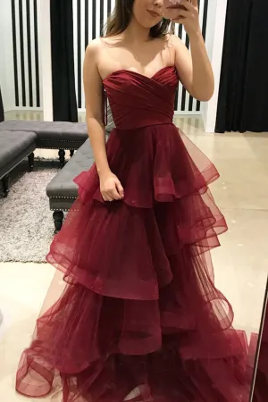 Burgundy Sweetheart Puffy Pleated Ruffles Long Prom Dress OK938