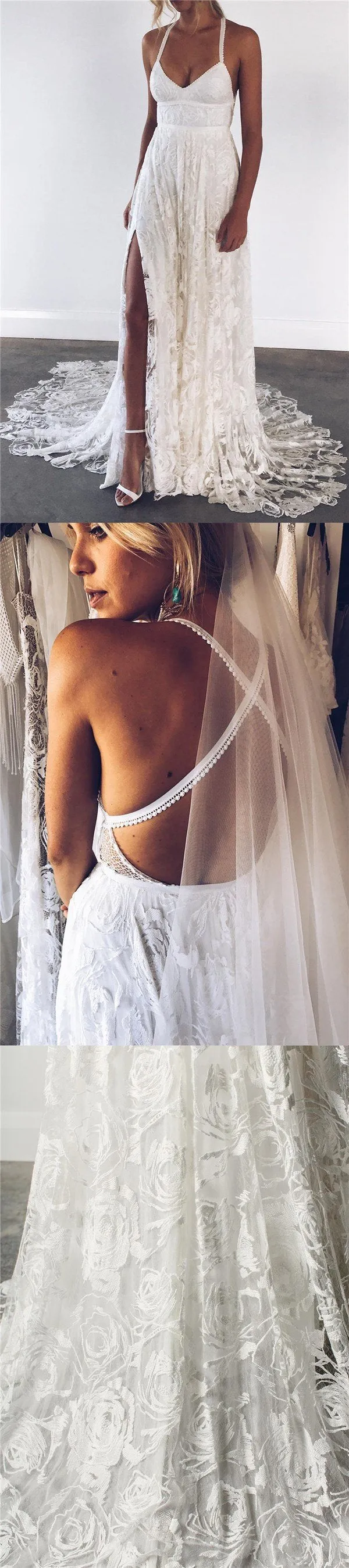 Charming Lace Long A-line Spaghetti Straps Split Ivory Beach Wedding Dresses OK739