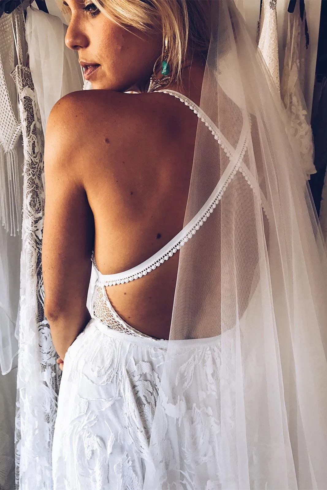 Charming Lace Long A-line Spaghetti Straps Split Ivory Beach Wedding Dresses OK739
