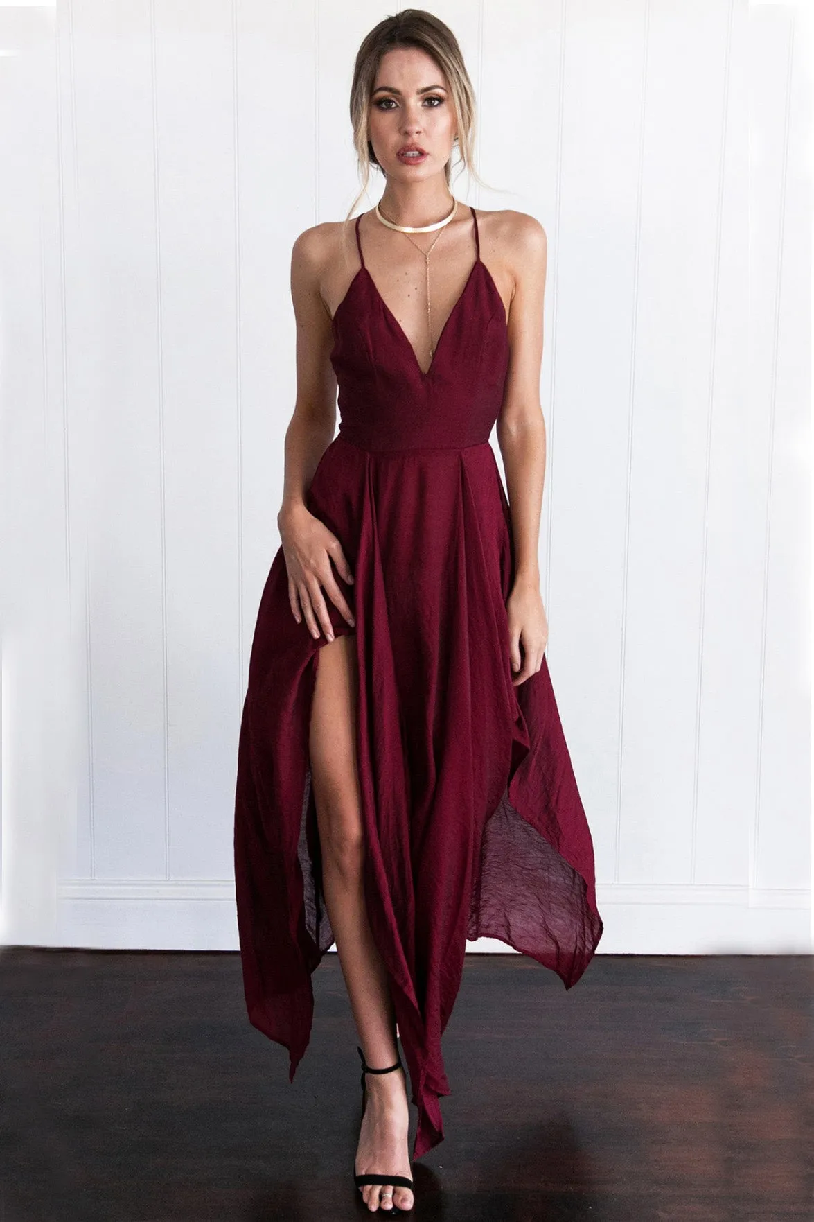 Chiffon Spaghetti Straps V Neck Cross Back Burgundy Assymetrical Hem Best Prom Evening Dress OK629