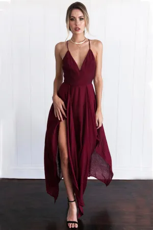 Chiffon Spaghetti Straps V Neck Cross Back Burgundy Assymetrical Hem Best Prom Evening Dress OK629