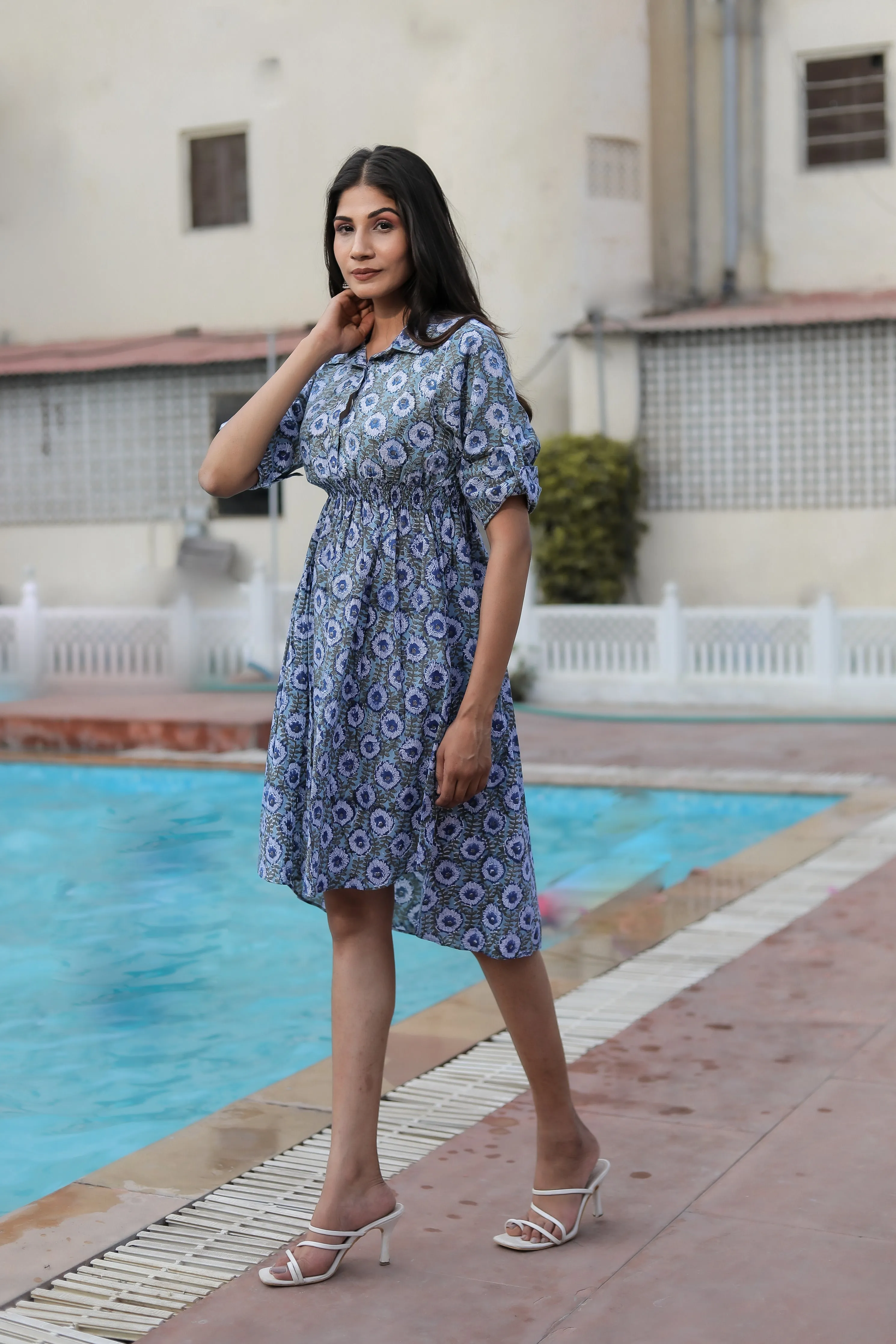 Cotton Blue Collared Mini Dress with Short Sleeves