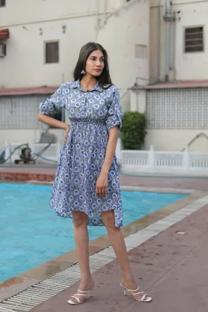Cotton Blue Collared Mini Dress with Short Sleeves