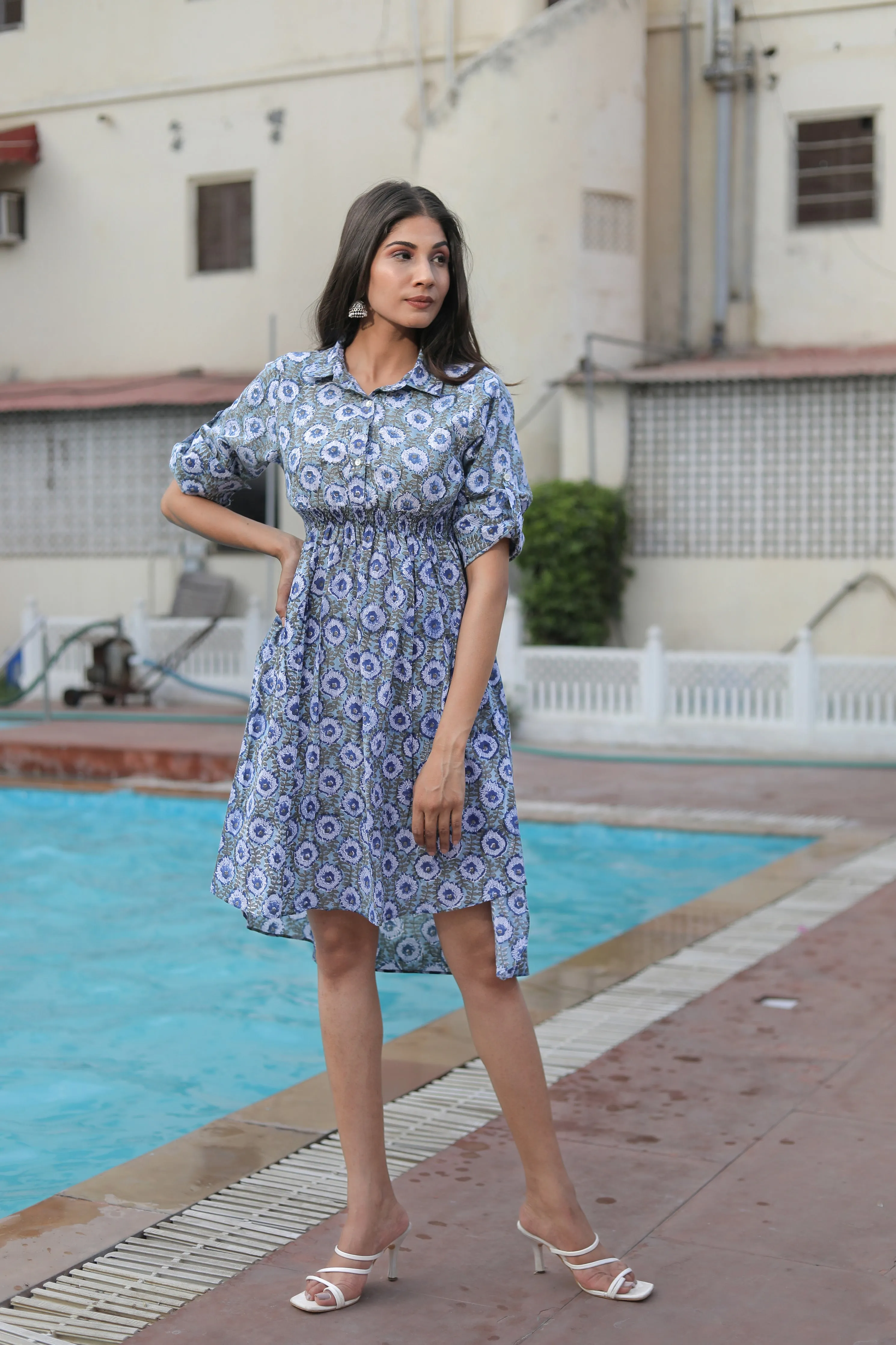 Cotton Blue Collared Mini Dress with Short Sleeves