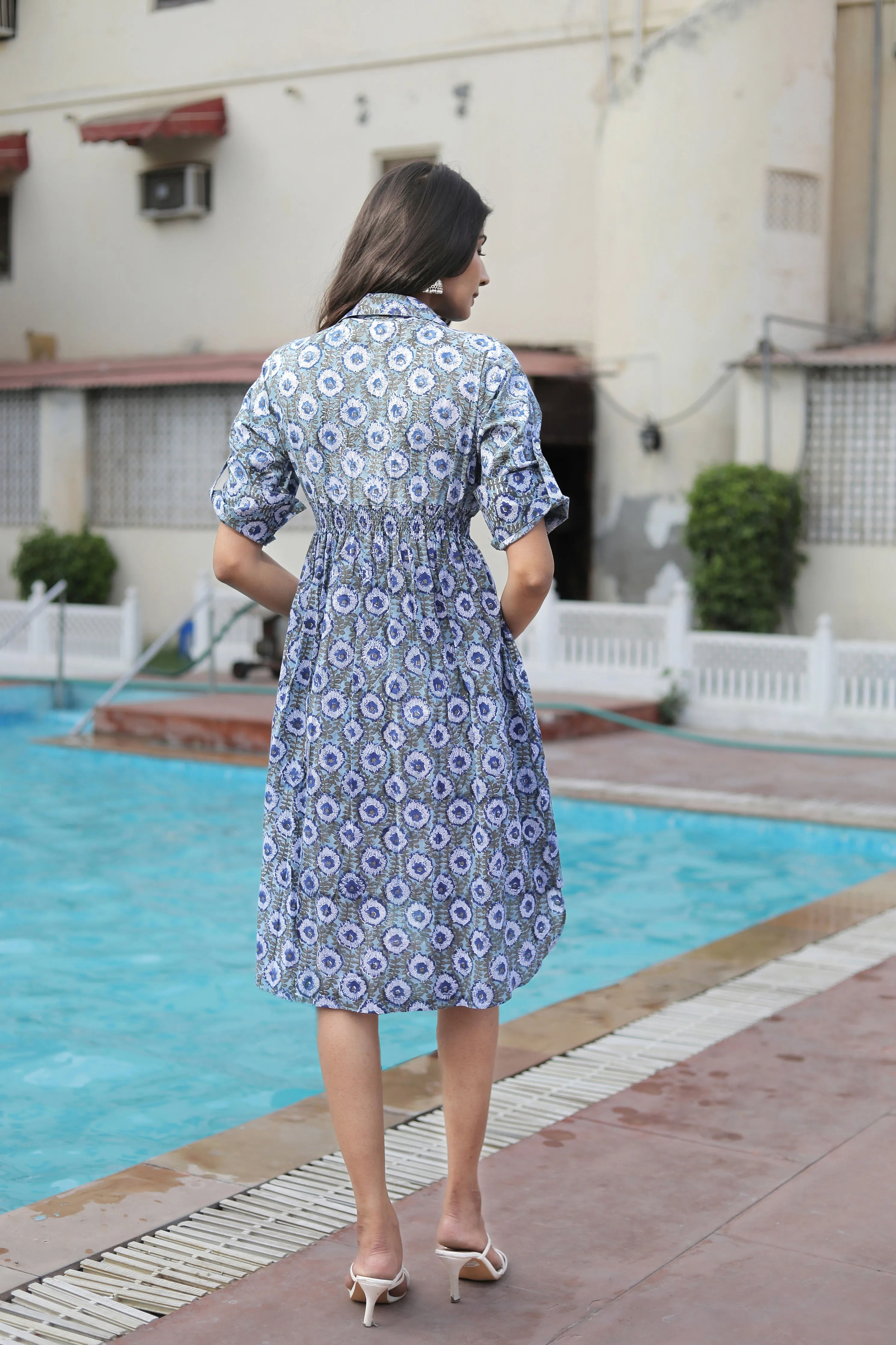 Cotton Blue Collared Mini Dress with Short Sleeves