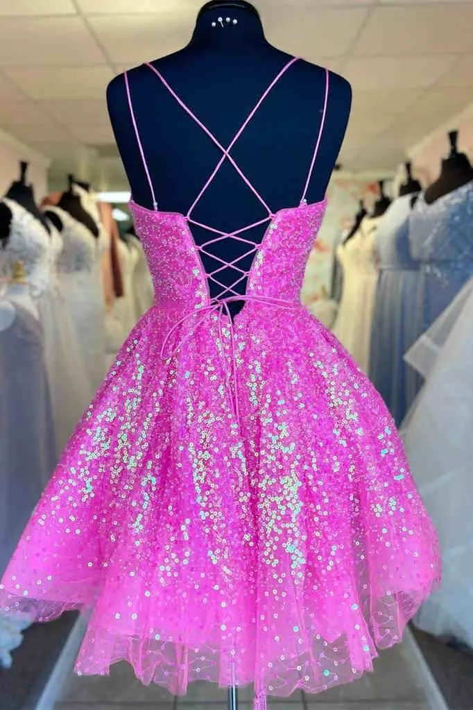 Cute Hot Pink Sequins A Line Homecoming Dress Graduation Dress OK1612