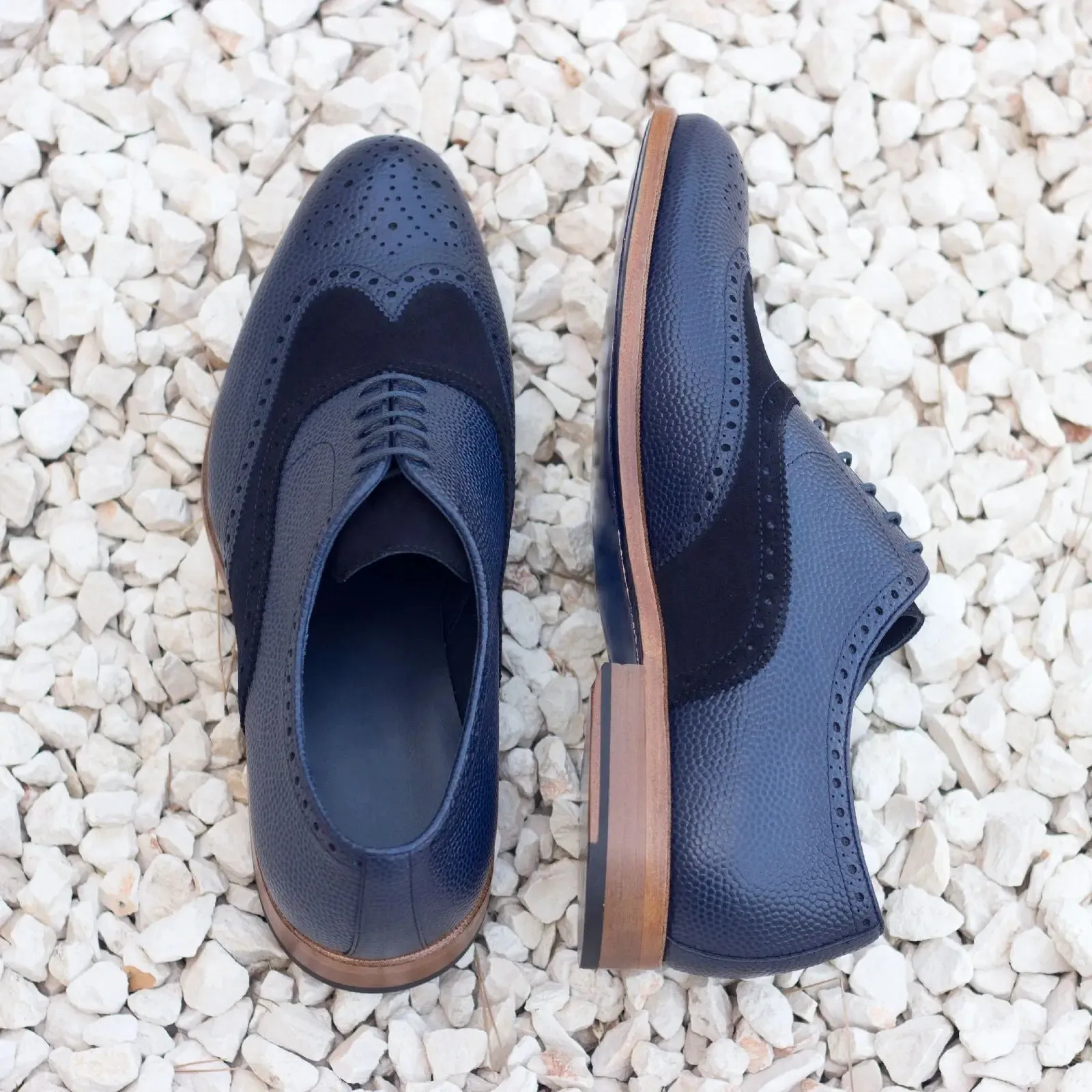 DapperFam Aeron in Navy Men's Lux Suede & Italian Pebble Grain Leather Full Brogue