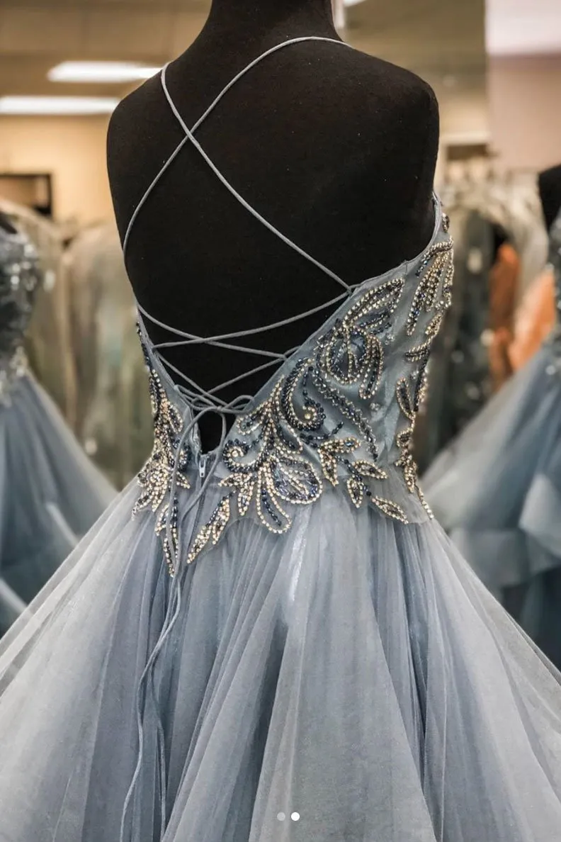 Gray Tulle Beads Long Prom Dresses A Line Formal Evening Dresses OKQ33