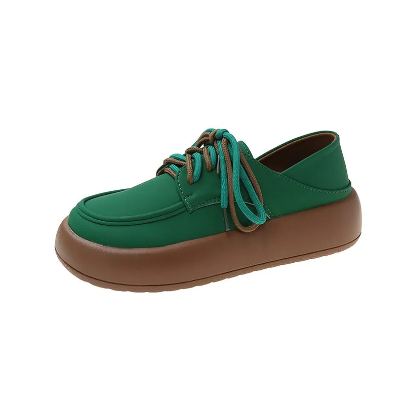 Green Yellow Oxford Shoes Women Flats  Summer Design Casual Platform Loafers Derby Shoes Women Lace Up Leather Oxfords