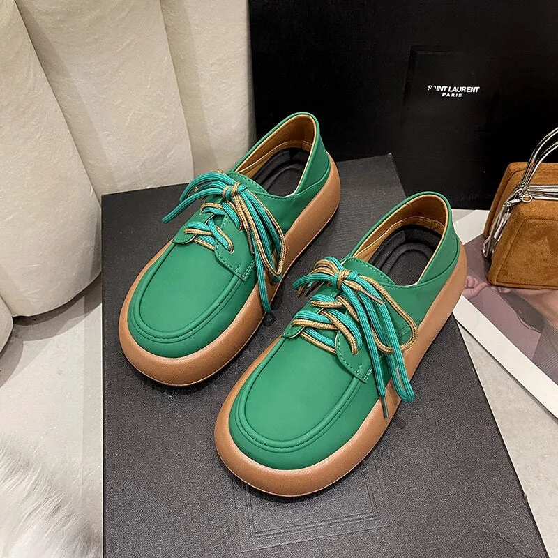Green Yellow Oxford Shoes Women Flats  Summer Design Casual Platform Loafers Derby Shoes Women Lace Up Leather Oxfords