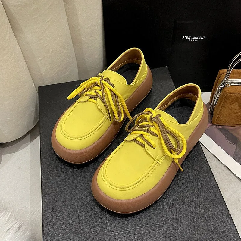 Green Yellow Oxford Shoes Women Flats  Summer Design Casual Platform Loafers Derby Shoes Women Lace Up Leather Oxfords