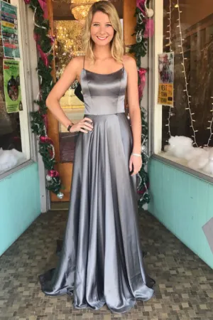 Grey Spaghetti Straps Long A Line Sexy Back New Simple Prom Dresses OKA5