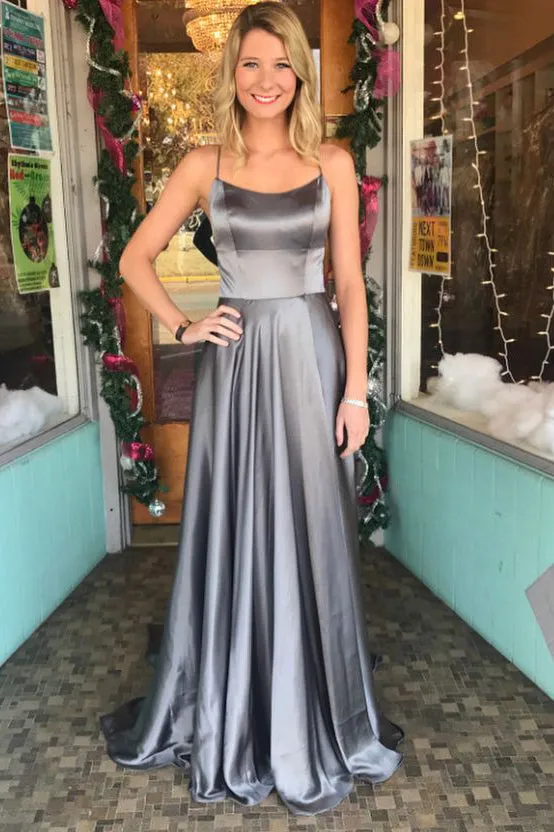 Grey Spaghetti Straps Long A Line Sexy Back New Simple Prom Dresses OKA5