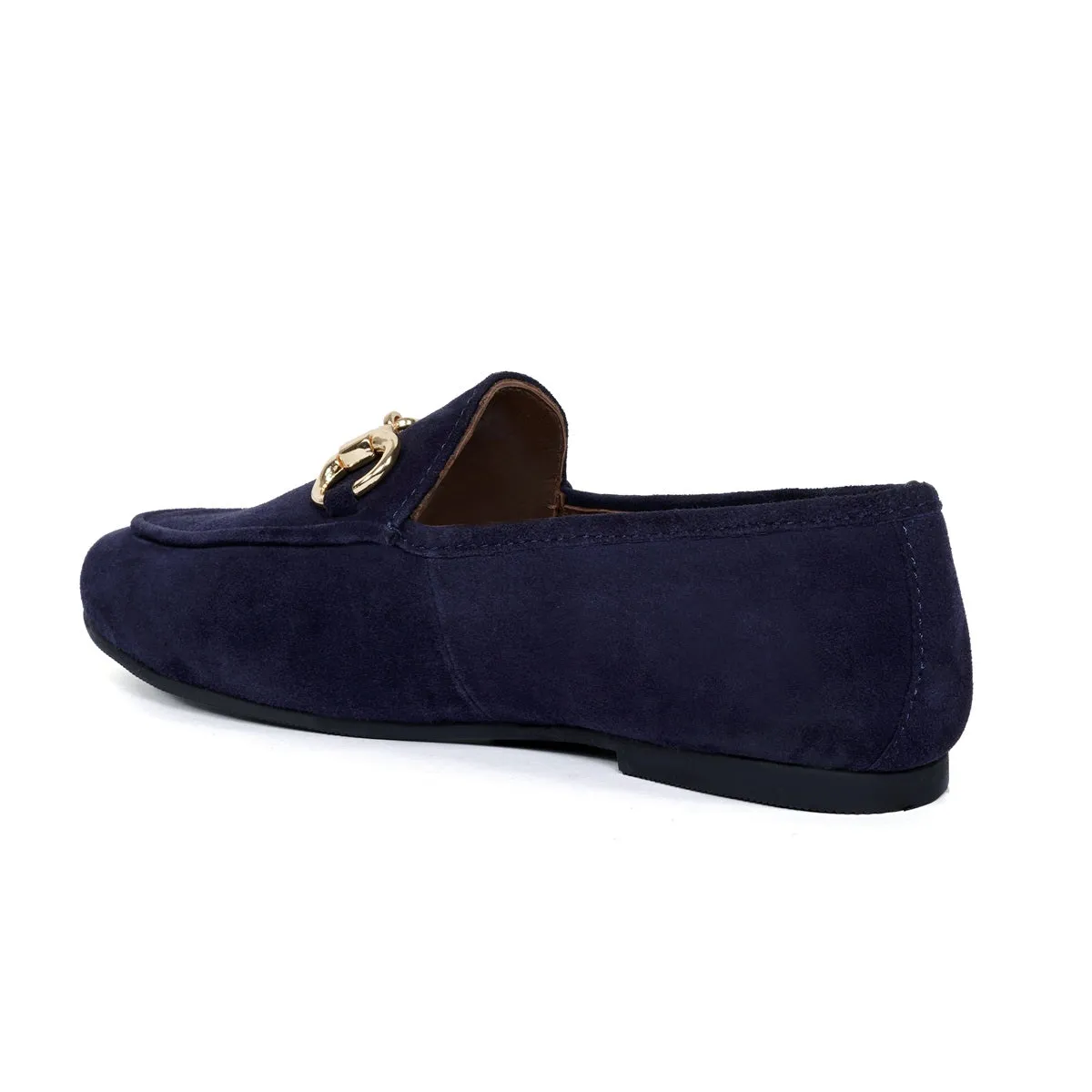 Navy Blue Suede Leather Slip-On Shoes For Women with Horse-Bit Buckle