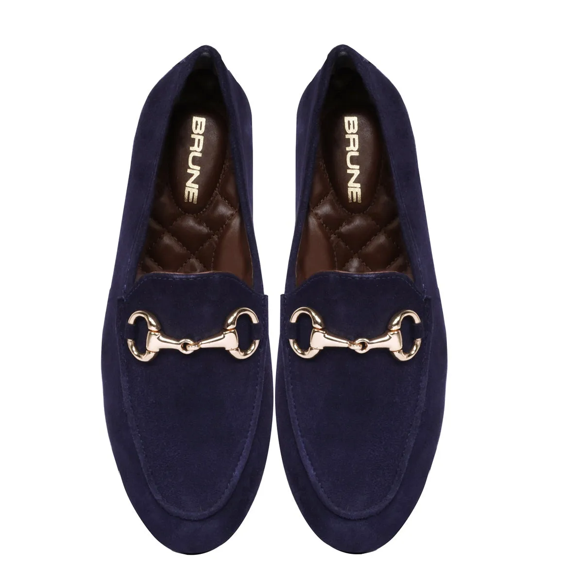 Navy Blue Suede Leather Slip-On Shoes For Women with Horse-Bit Buckle