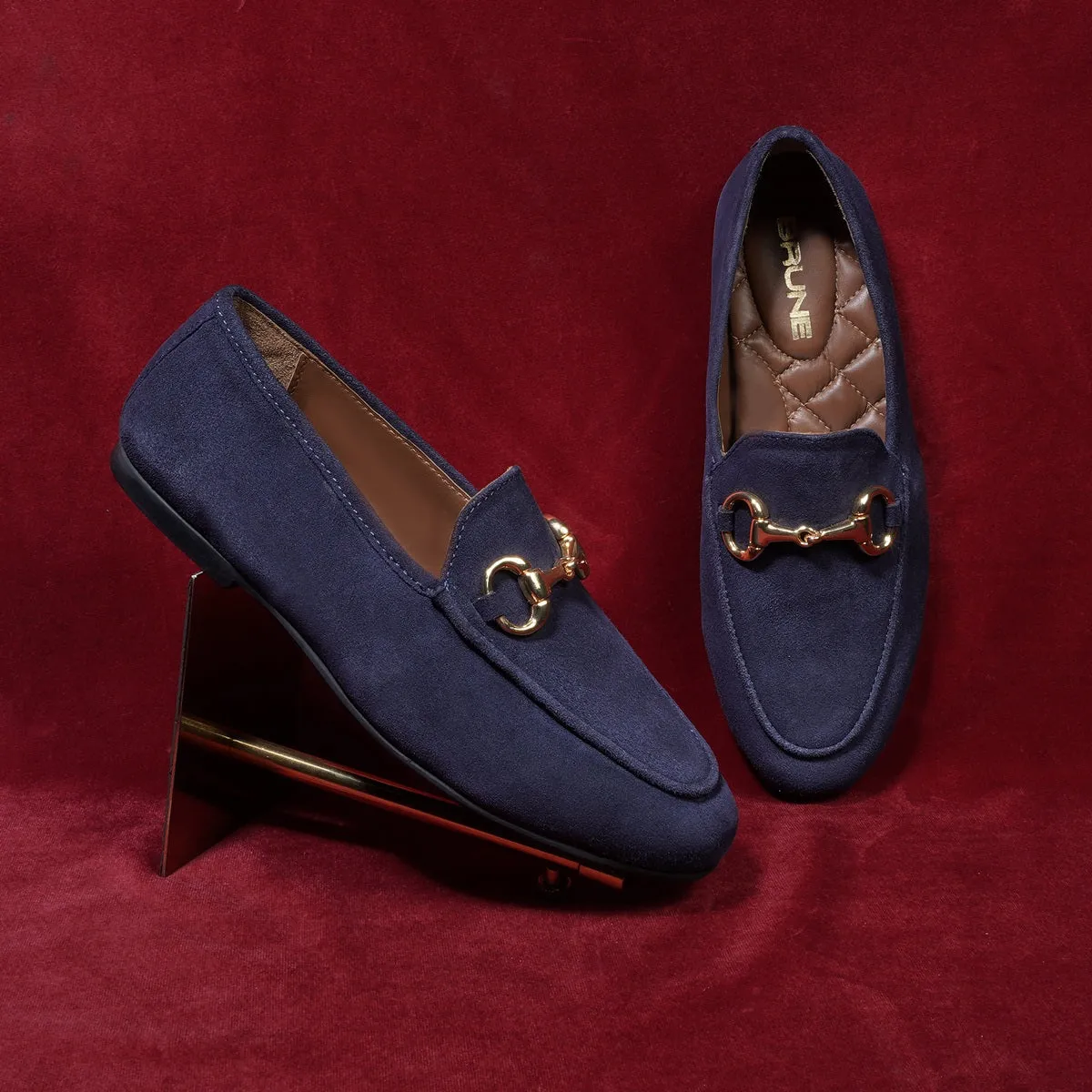 Navy Blue Suede Leather Slip-On Shoes For Women with Horse-Bit Buckle