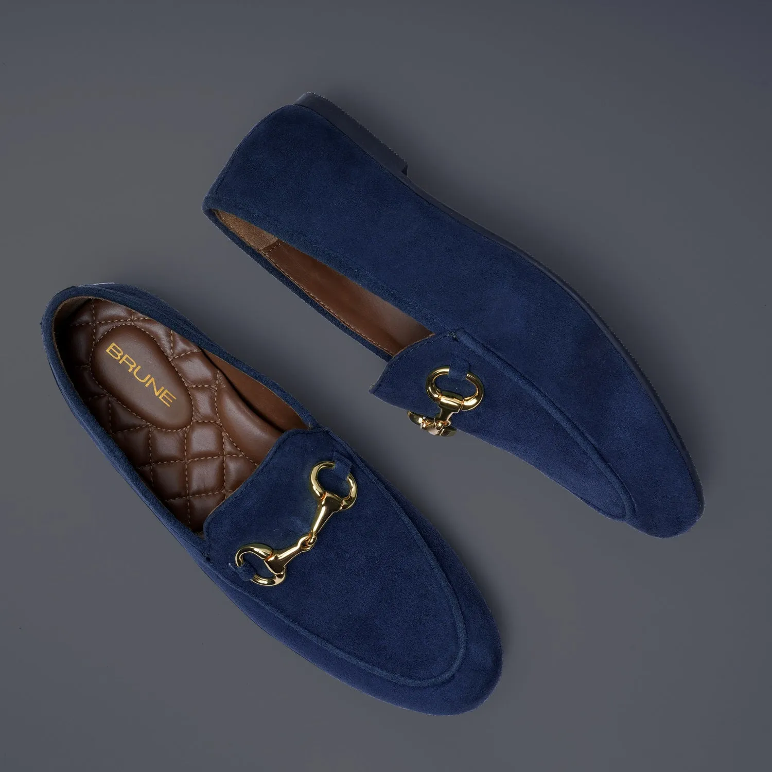 Navy Blue Suede Leather Slip-On Shoes For Women with Horse-Bit Buckle