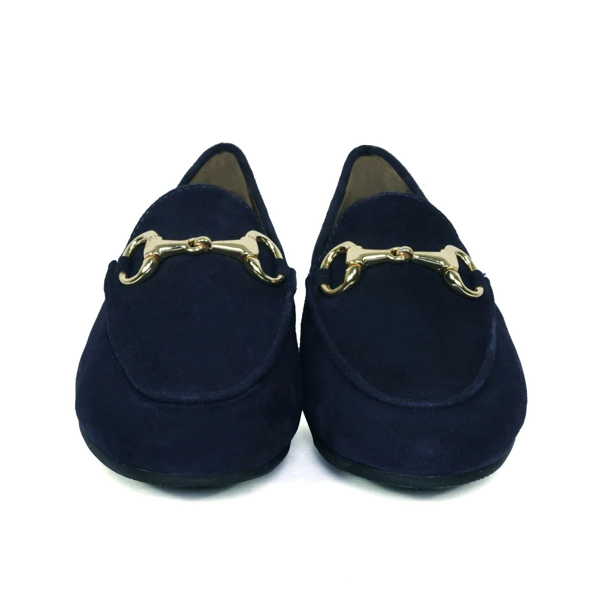 Navy Blue Suede Leather Slip-On Shoes For Women with Horse-Bit Buckle