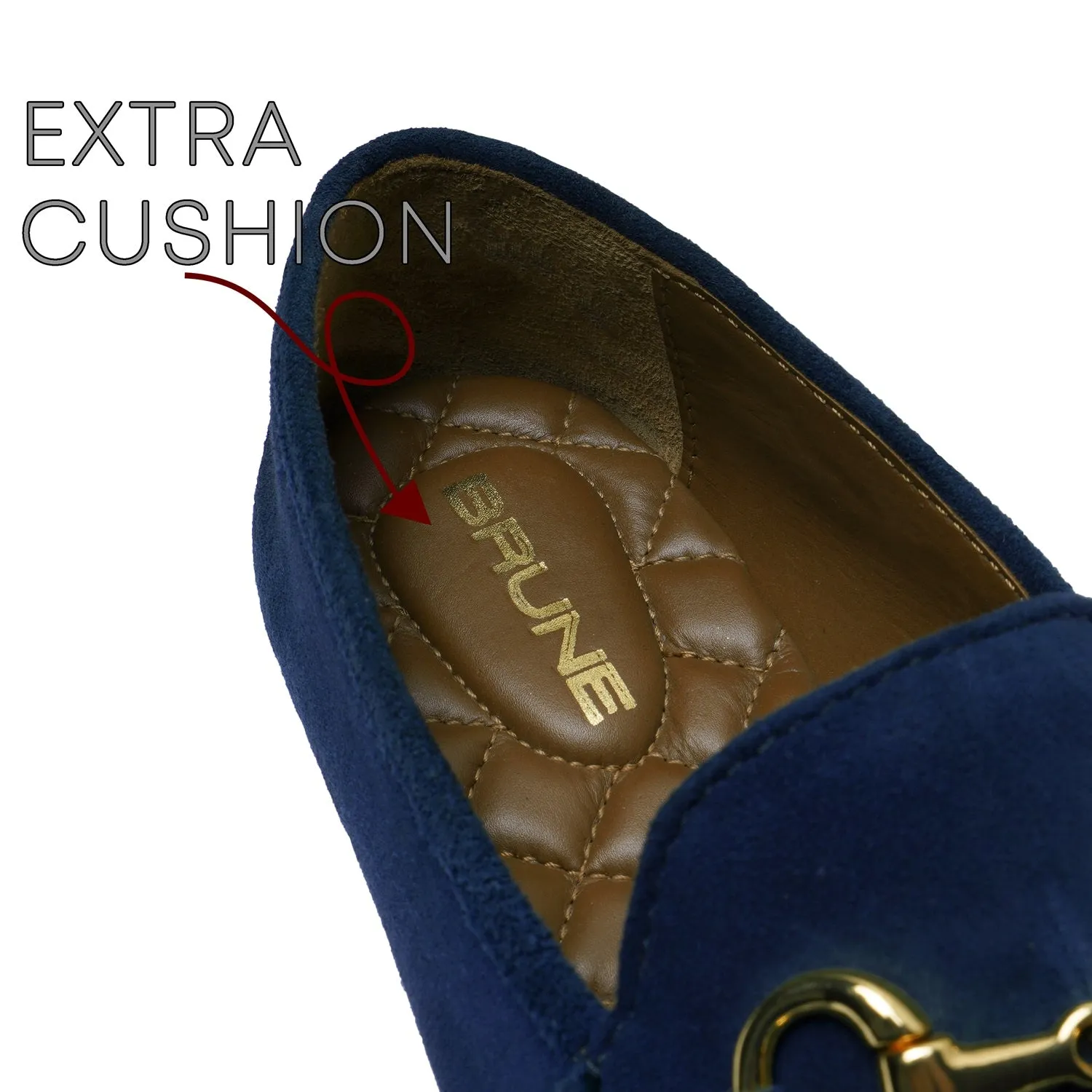 Navy Blue Suede Leather Slip-On Shoes For Women with Horse-Bit Buckle