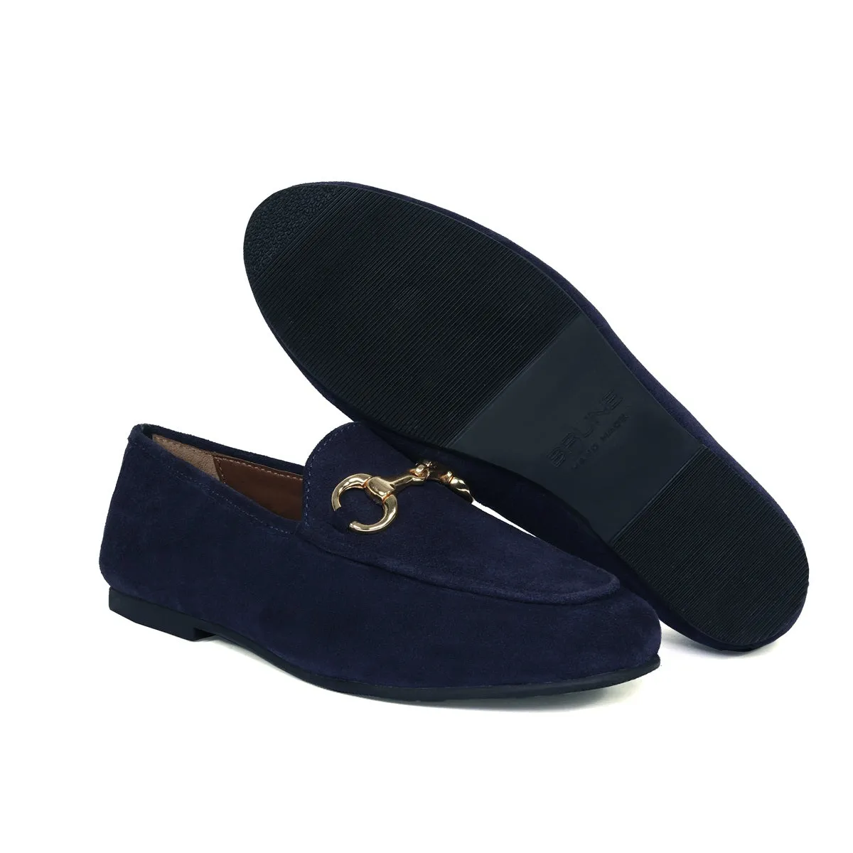 Navy Blue Suede Leather Slip-On Shoes For Women with Horse-Bit Buckle