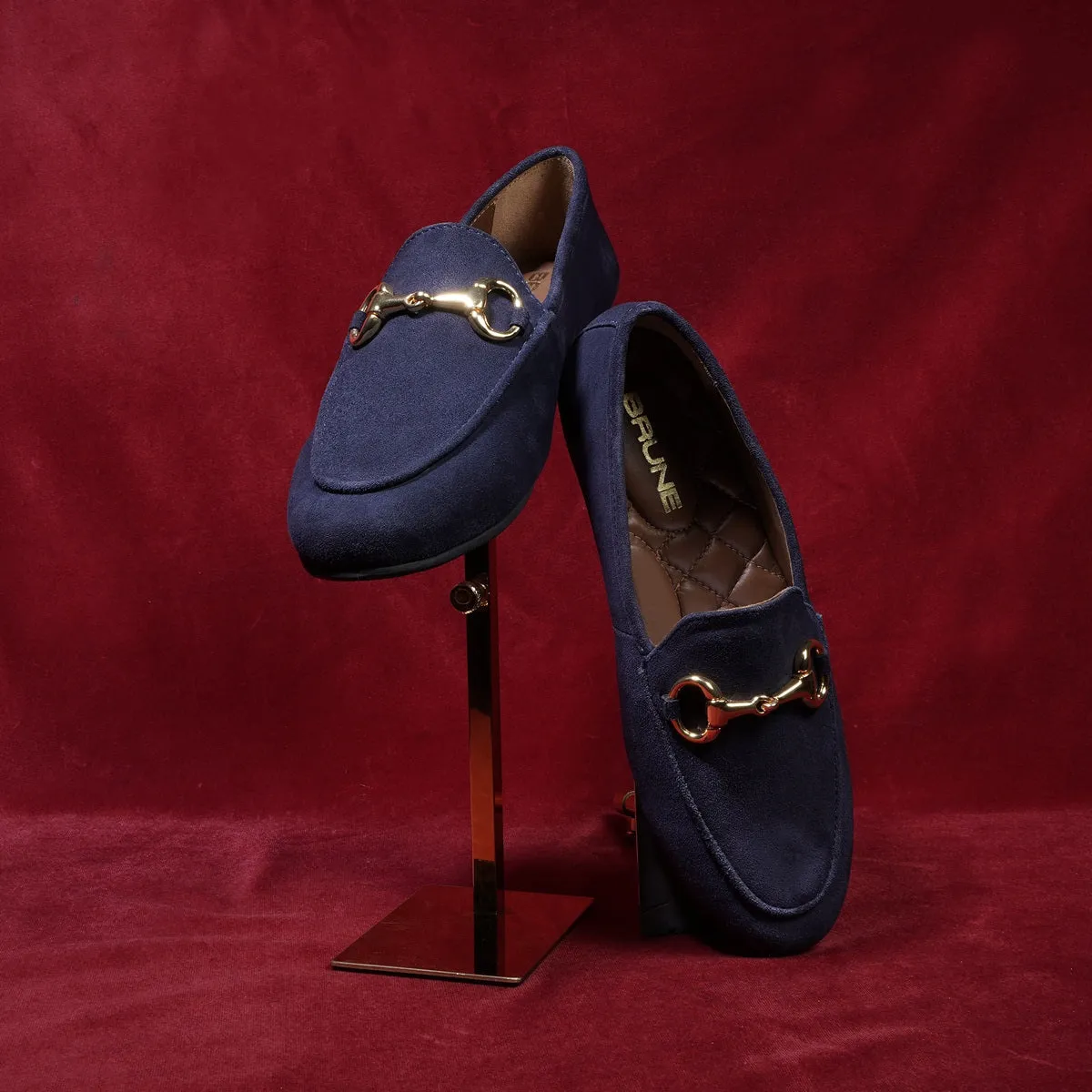 Navy Blue Suede Leather Slip-On Shoes For Women with Horse-Bit Buckle