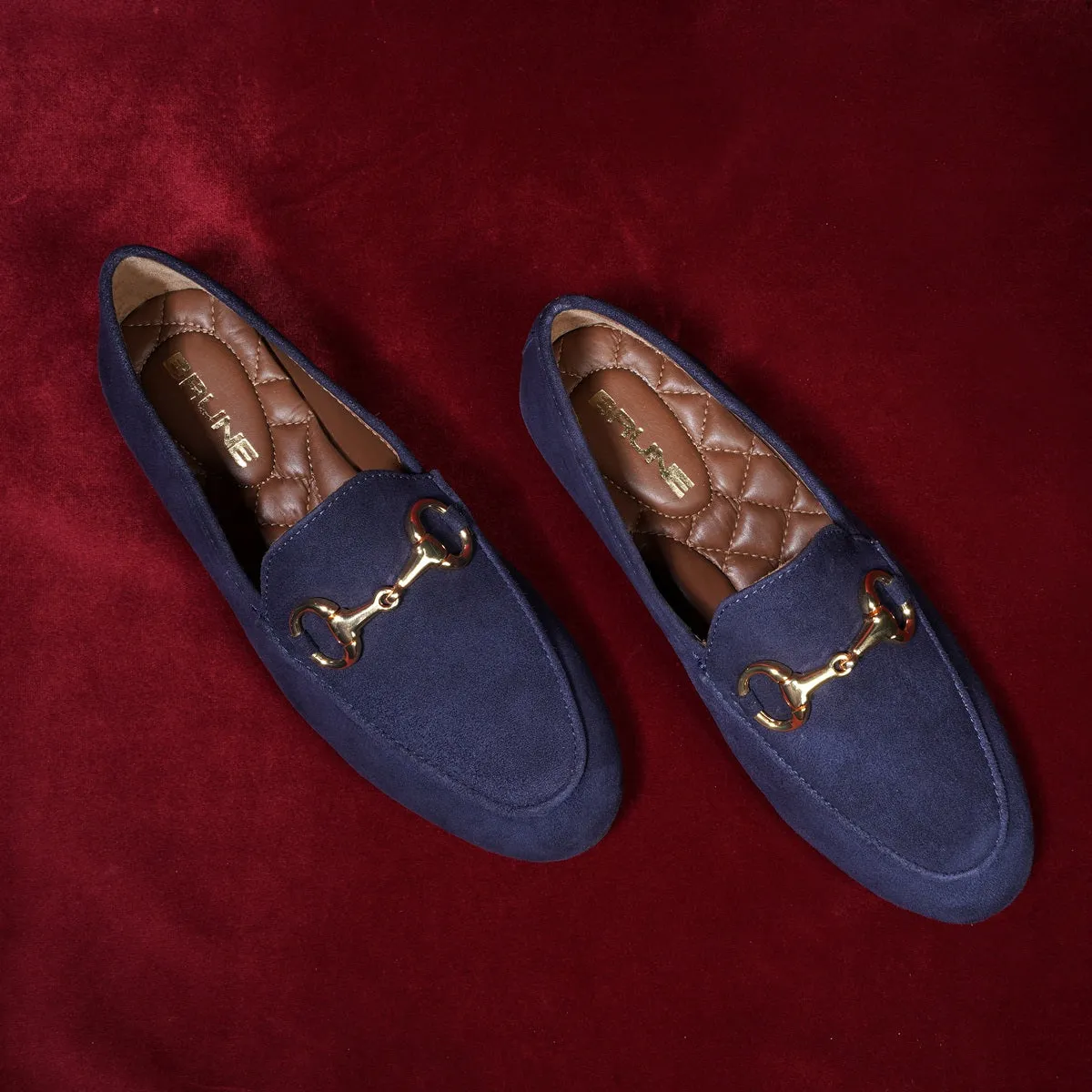Navy Blue Suede Leather Slip-On Shoes For Women with Horse-Bit Buckle
