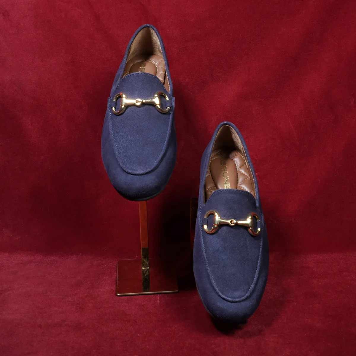 Navy Blue Suede Leather Slip-On Shoes For Women with Horse-Bit Buckle