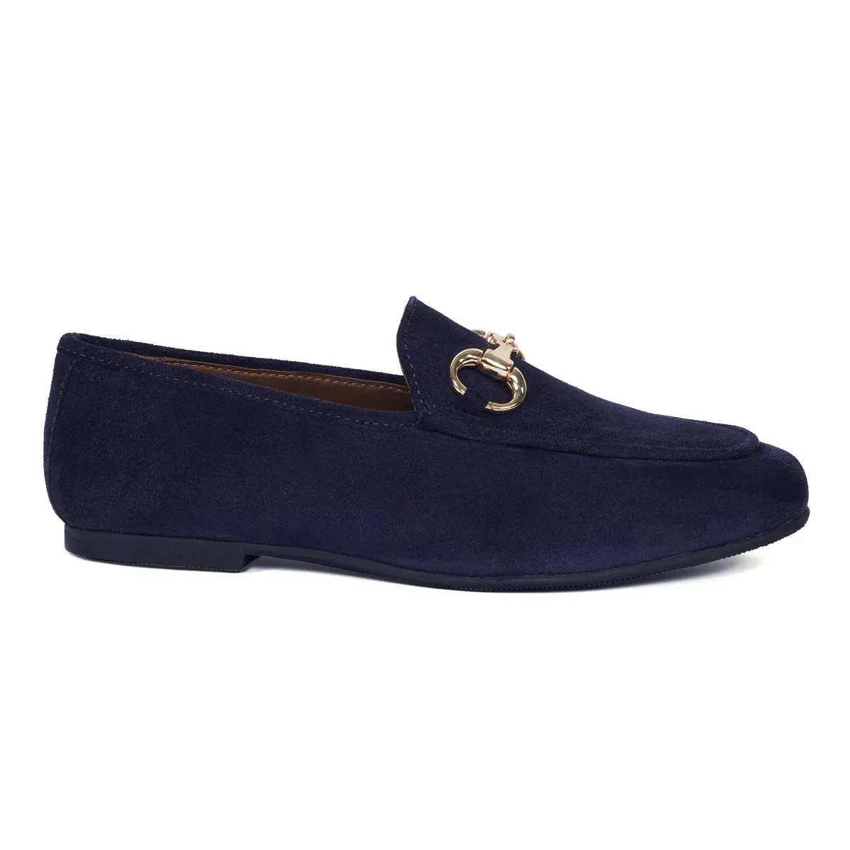 Navy Blue Suede Leather Slip-On Shoes For Women with Horse-Bit Buckle