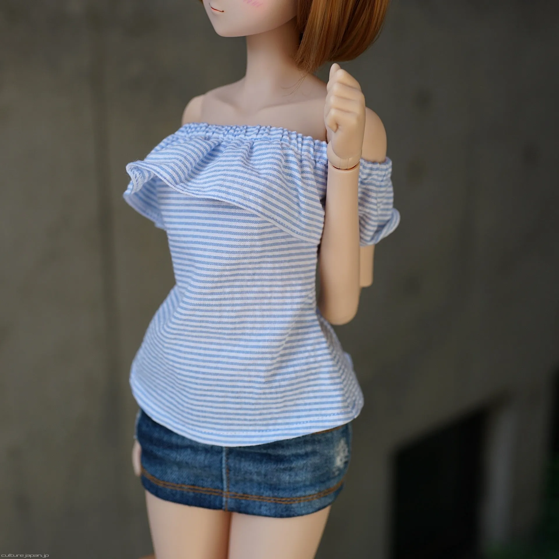 Off Shoulder Blouse Seersucker Blue
