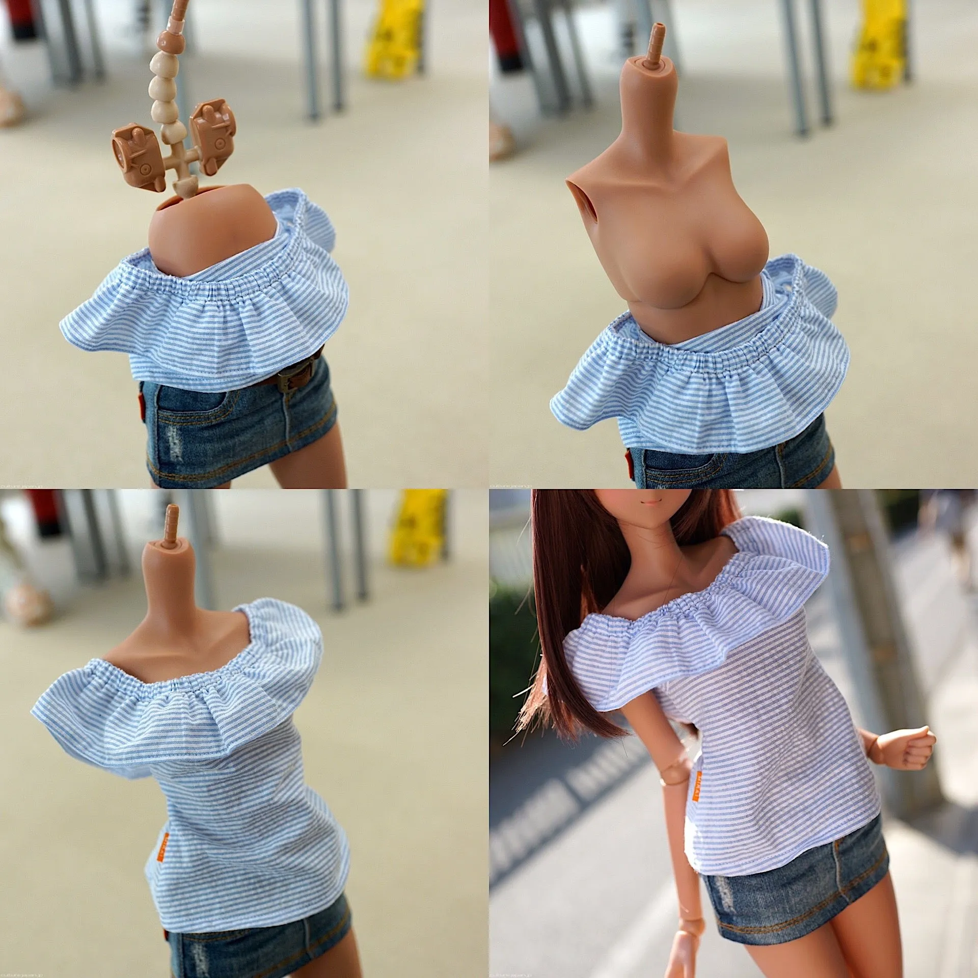 Off Shoulder Blouse Seersucker Blue