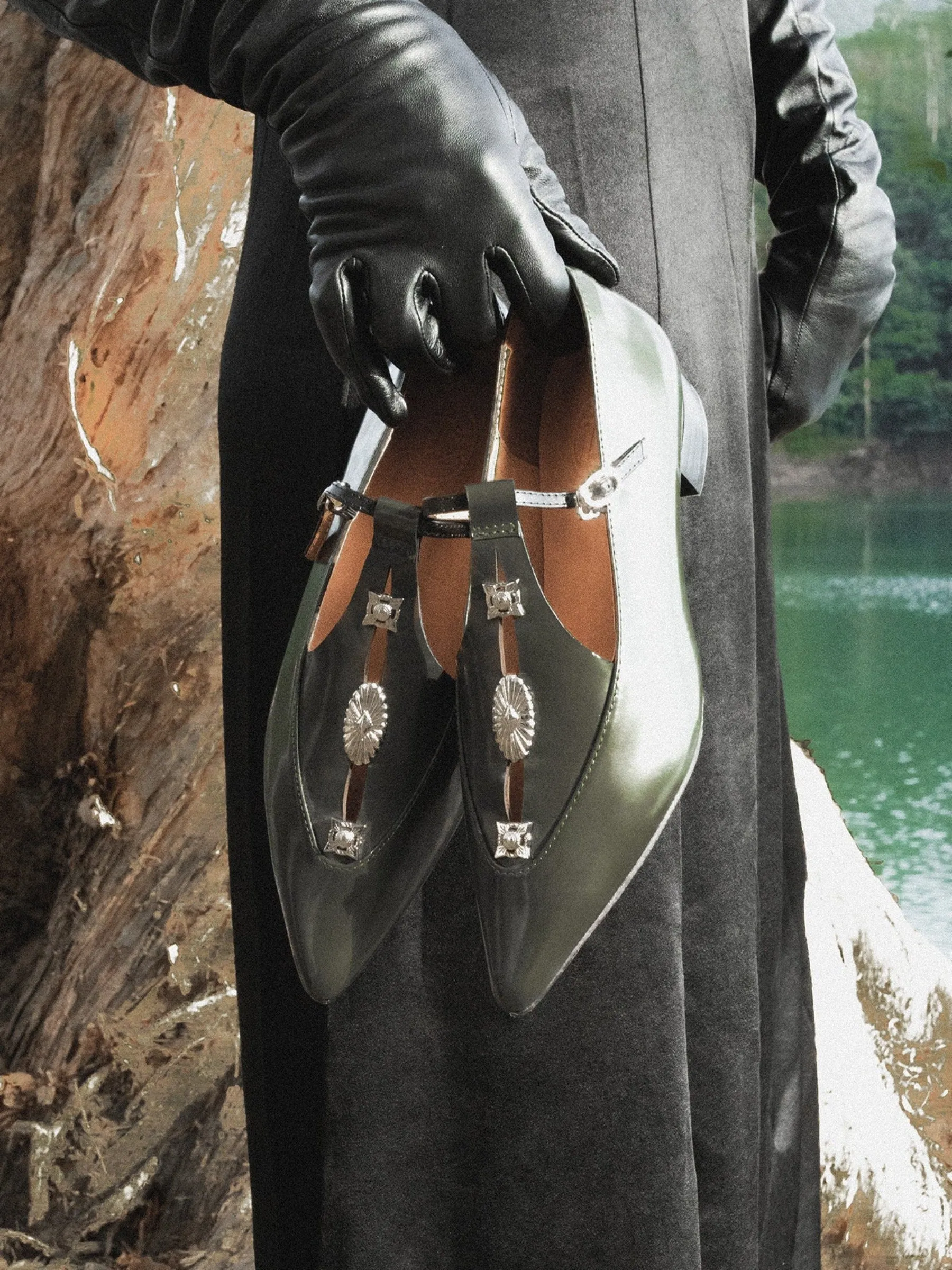 Pointed Toe Metal Pierce Mary Jane Flats