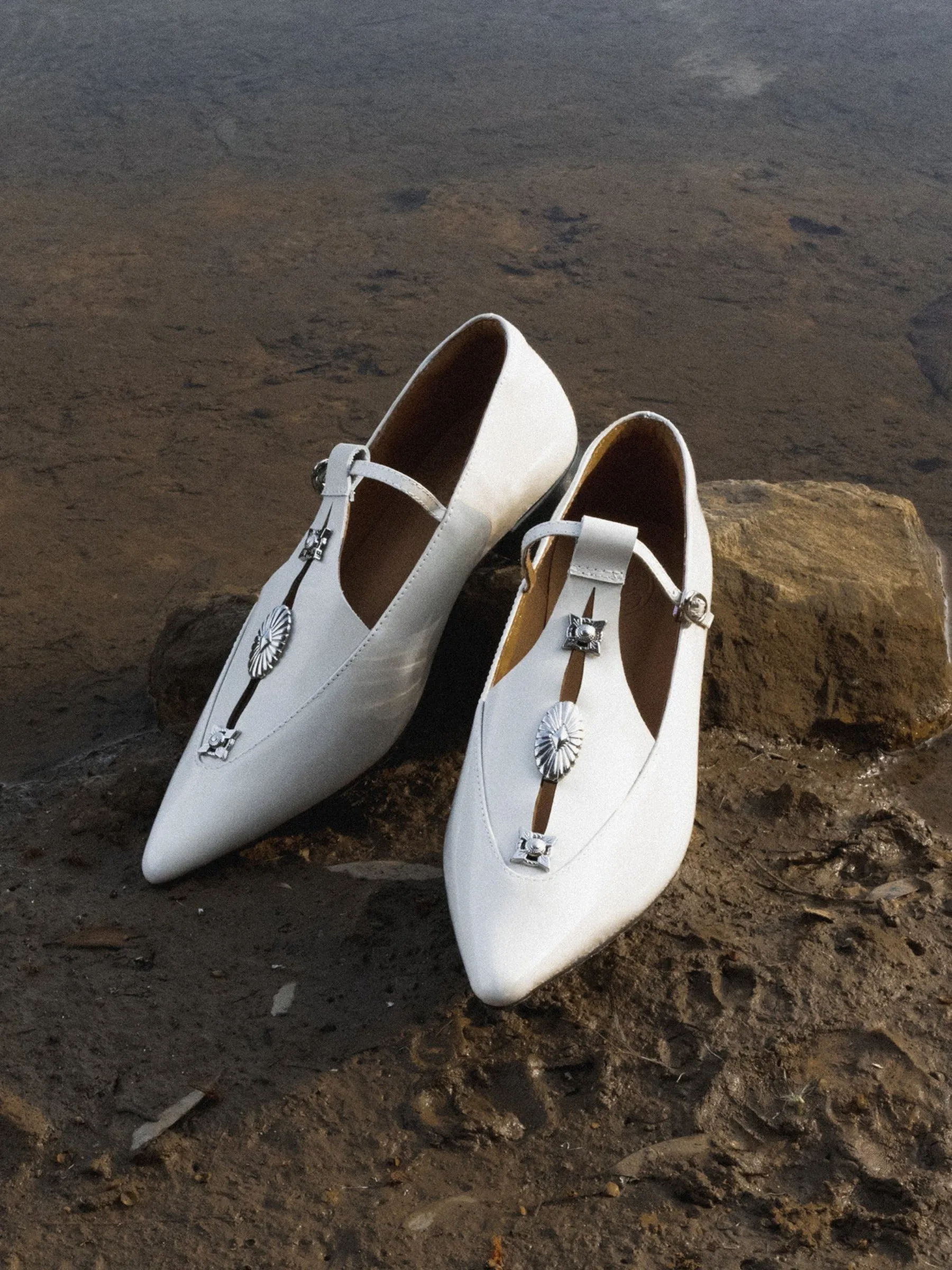 Pointed Toe Metal Pierce Mary Jane Flats