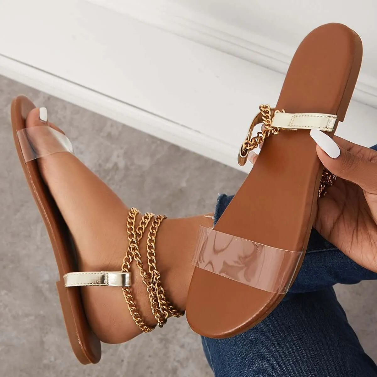 Sohiwoo  Women Summer Sandals Flat Open Toe Chain Strappy Sandals