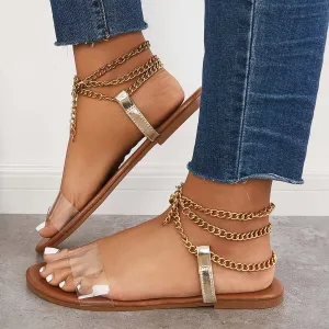 Sohiwoo  Women Summer Sandals Flat Open Toe Chain Strappy Sandals