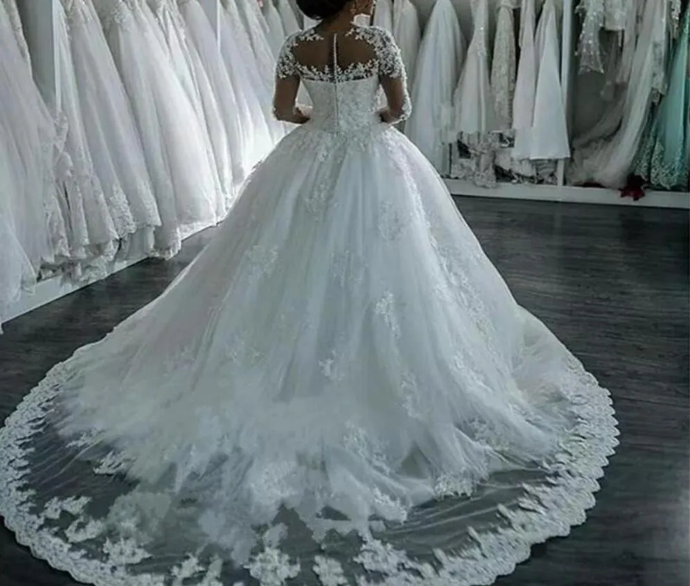 Wedding Dresses Long Sleeve Boat Neck Button Appliques Ribbon Ball Gown